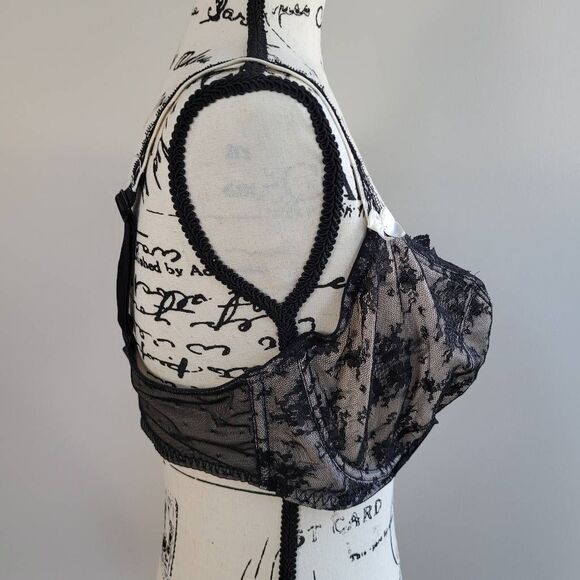 Paramour 40DD black lace bra bow details polka dot mesh back coquette feminine - Picture 2 of 11